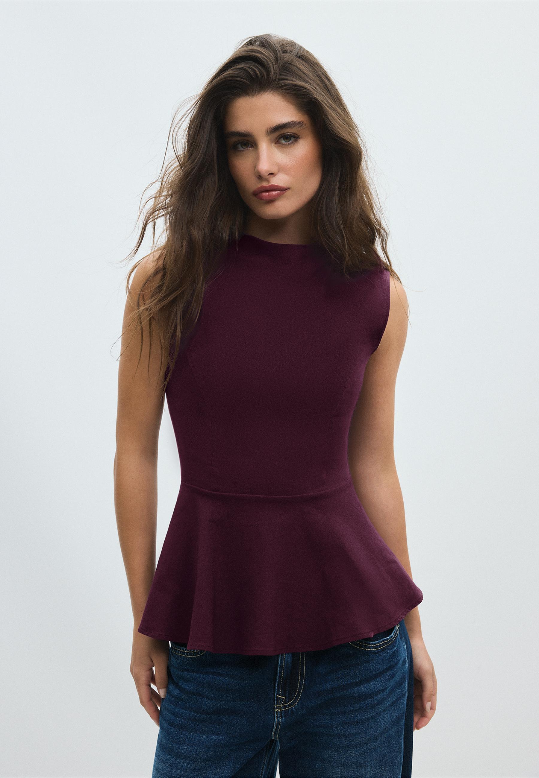 Sleeveless high-neck peplum top — Purple