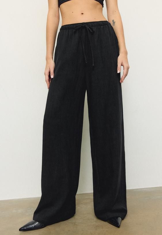 Stradivarius Flowing Linen-Effect Trousers Black M