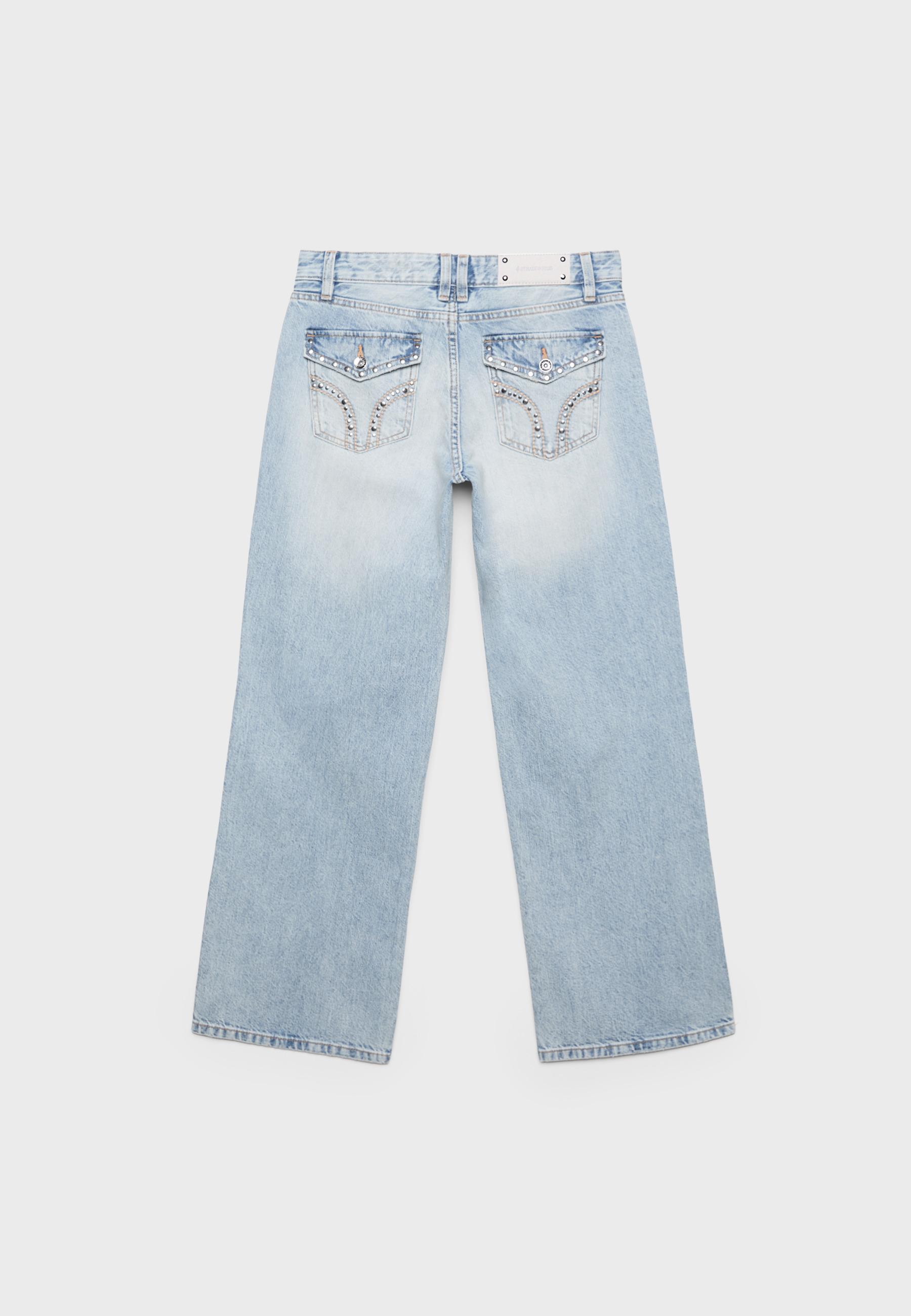 Low-rise straight jeans with studded pockets — OVERDYED BLUE DENIM