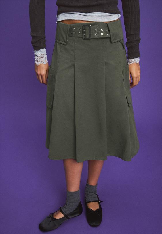 Stradivarius Midi Utility-Rok Met Zakken Kaki S