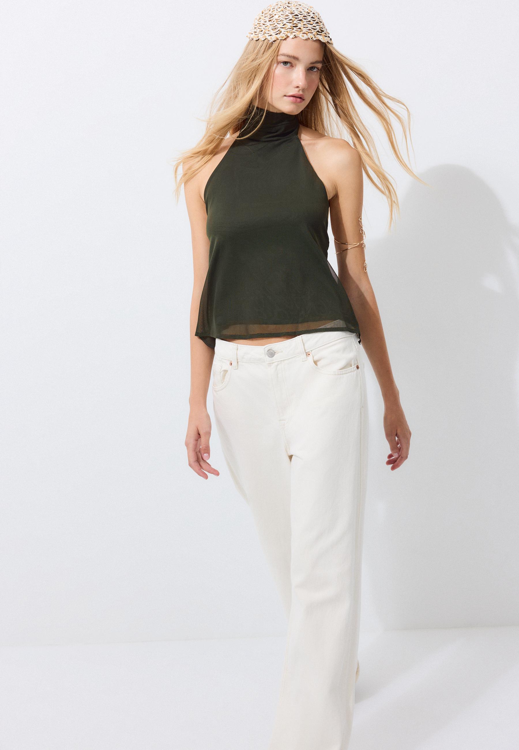 Stradivarius Desenli tül halter yaka fularlı top