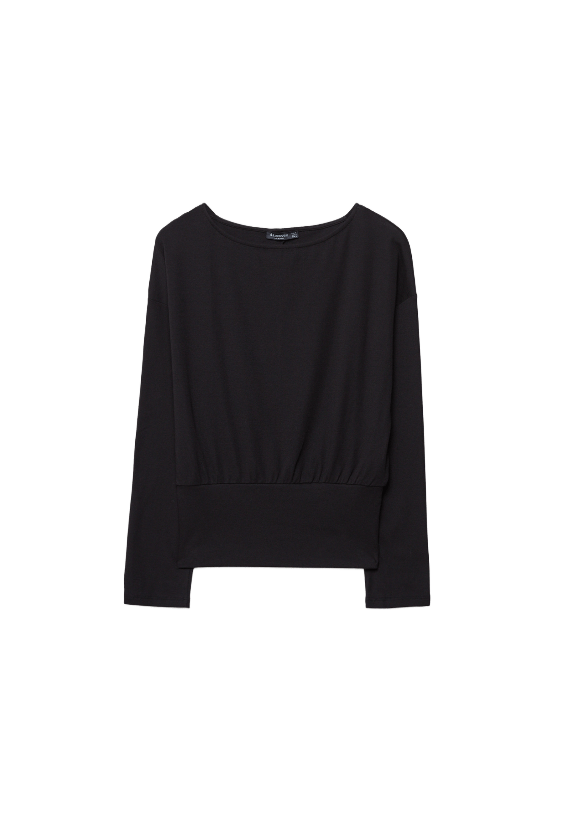 Boat neck long sleeve T-shirt with cummerbund hem — Black
