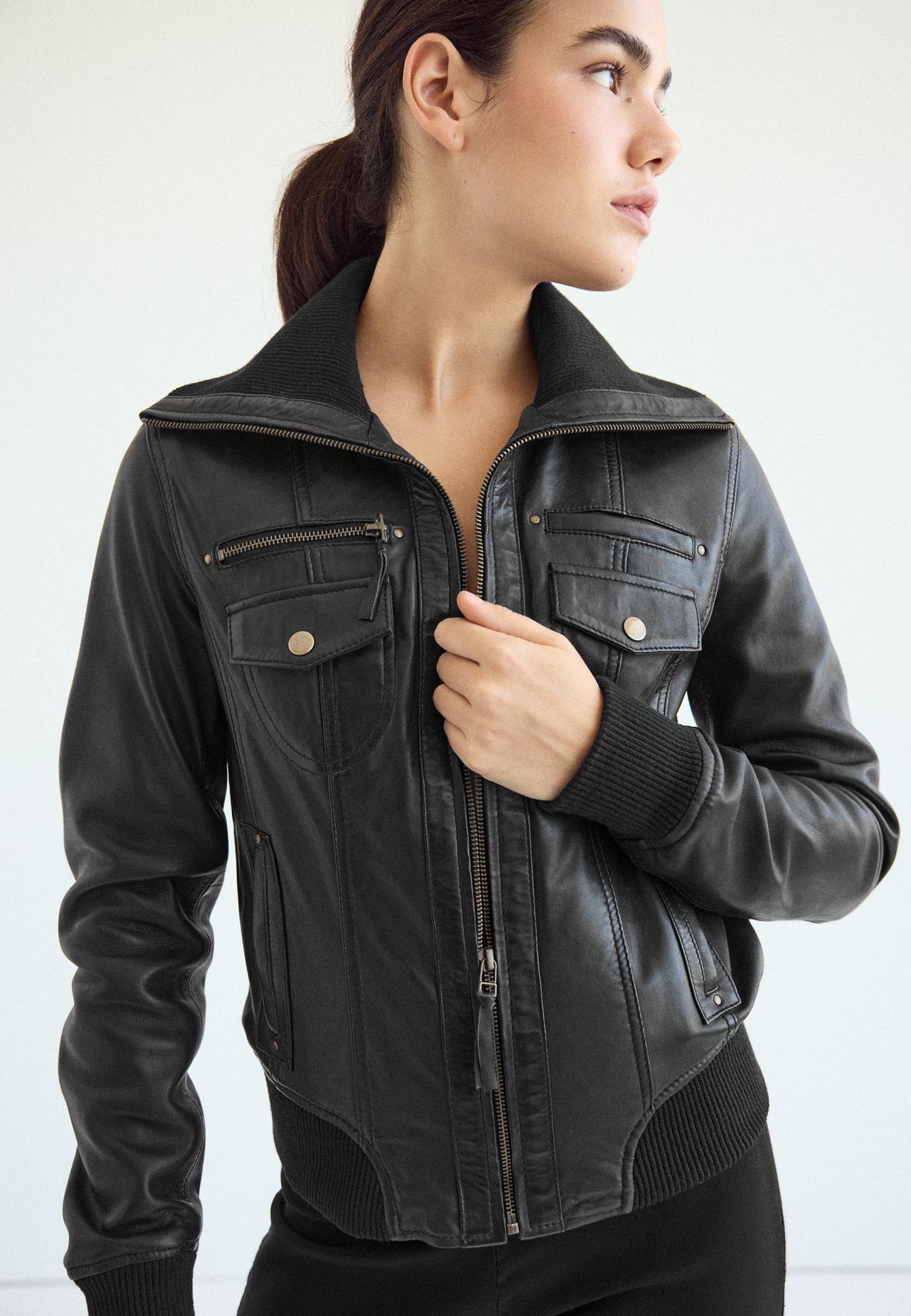 Leather jacket with ribbed trim — Black