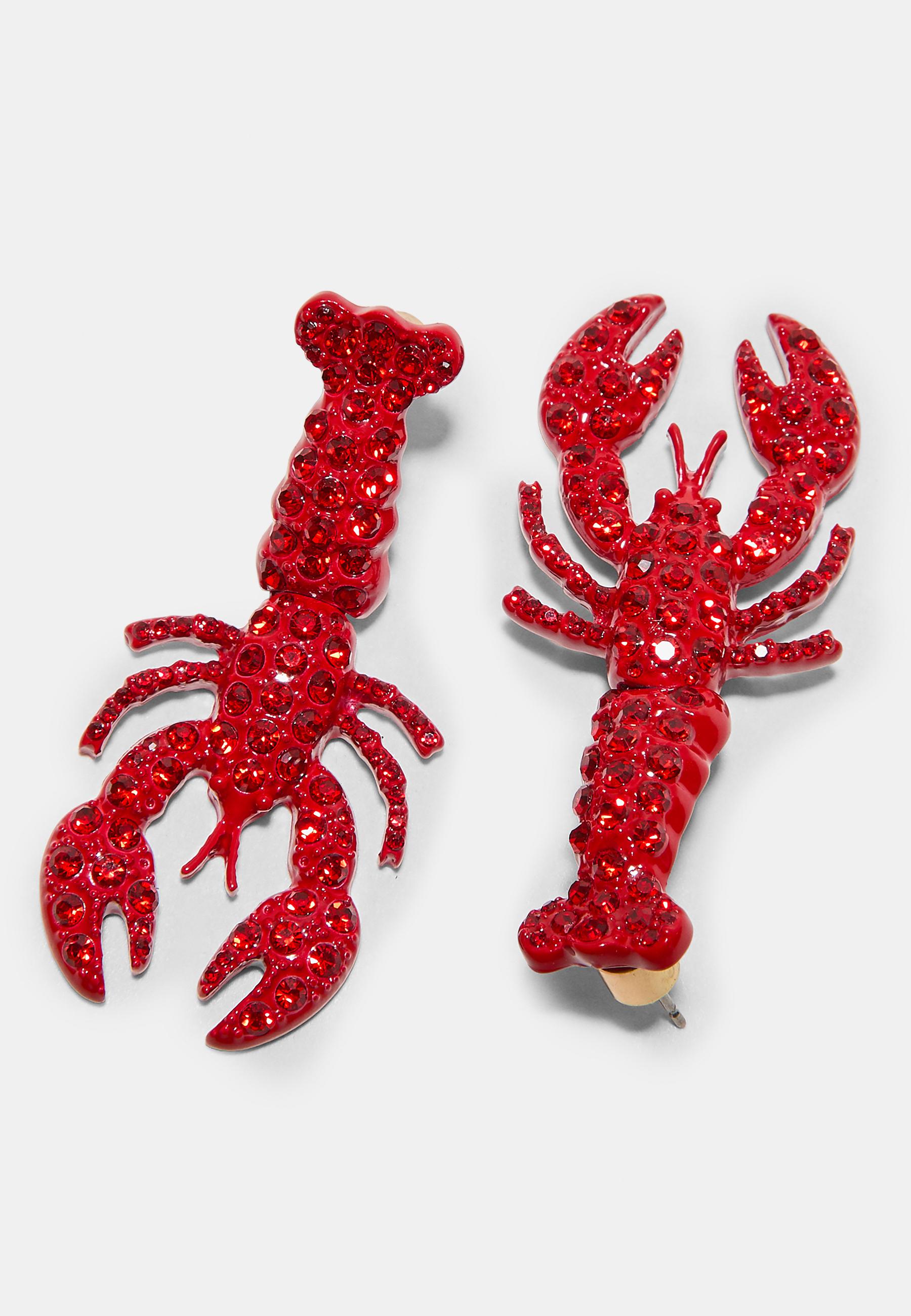 Rhinestone lobster earrings — Red