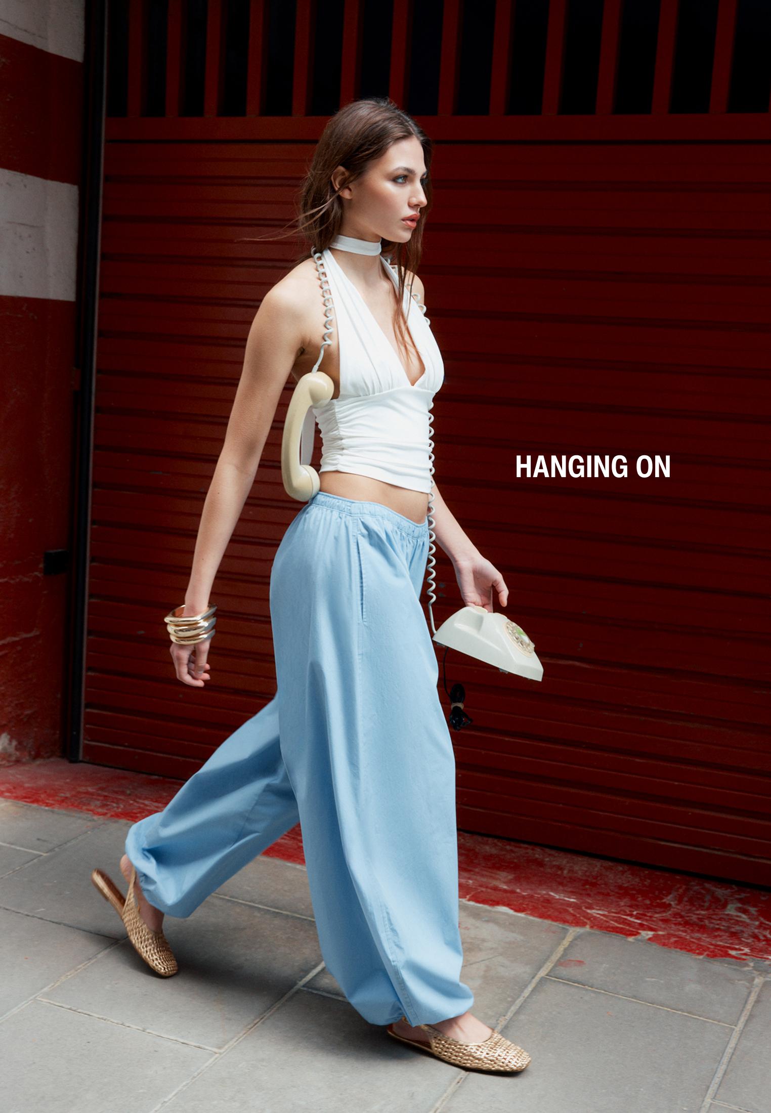 Ruched halter top with neck tie — Ecru
