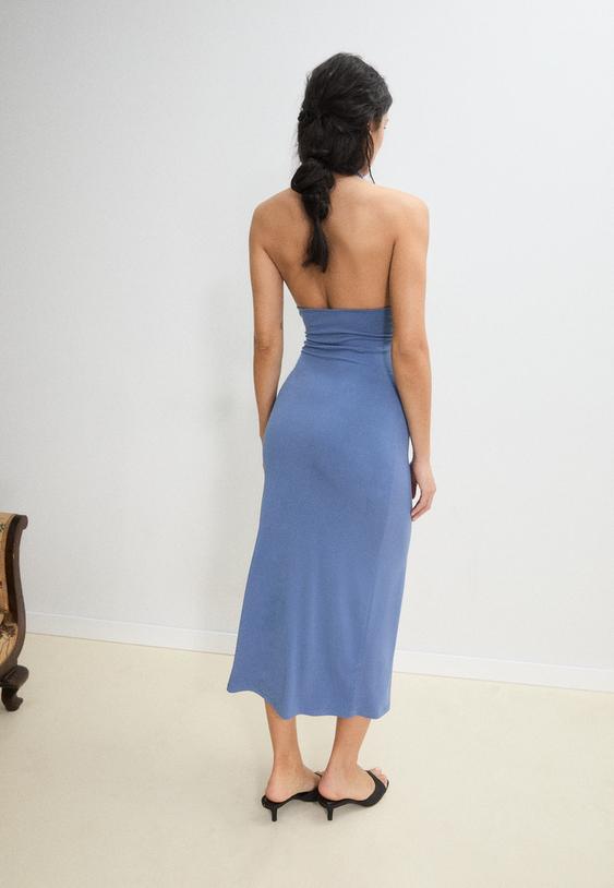 Stradivarius Backless Halter Midi Dress Sky Blue S