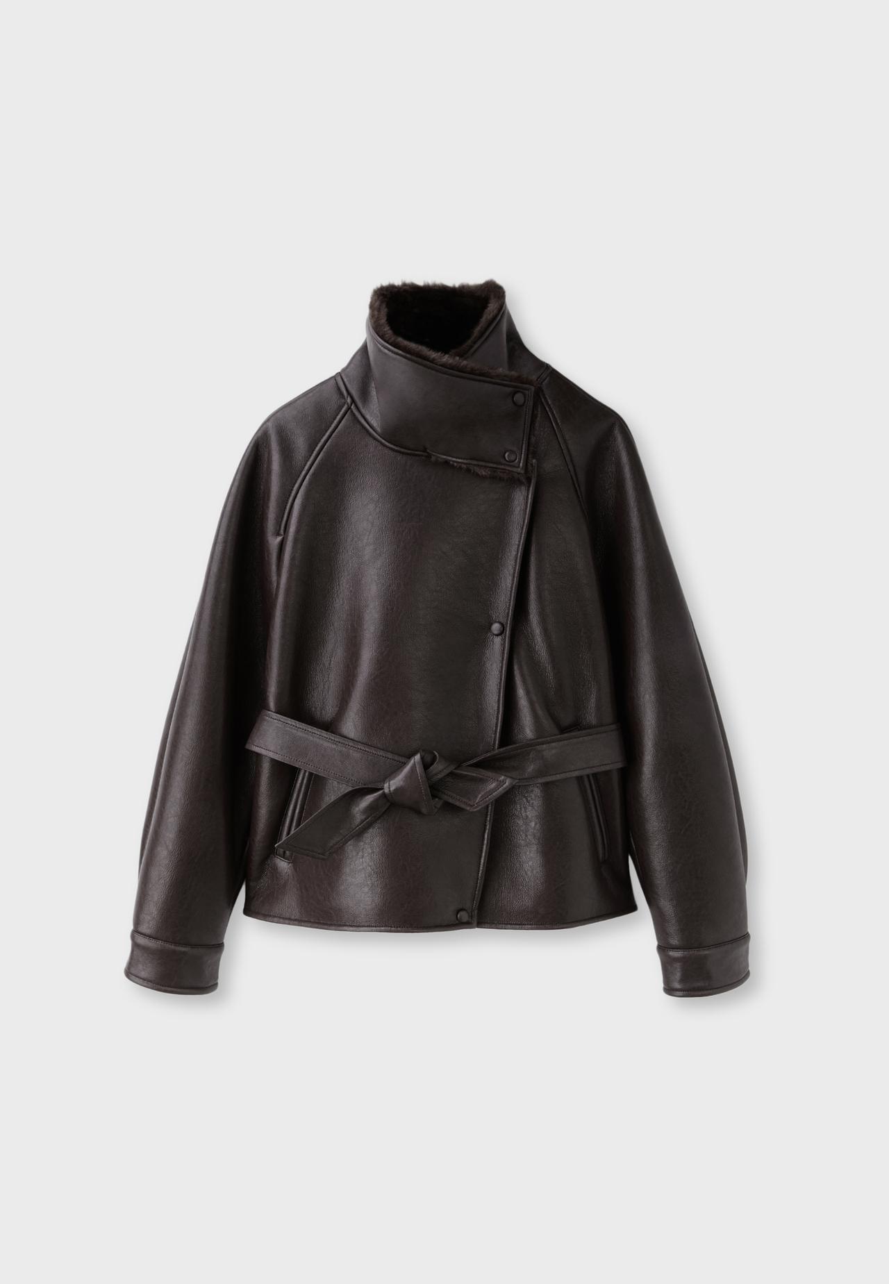 Leather effect double-faced high neck jacket — Brown