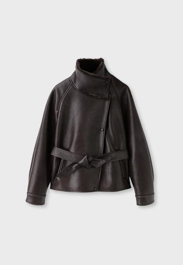 Leather effect double-faced high neck jacket — Brown 7