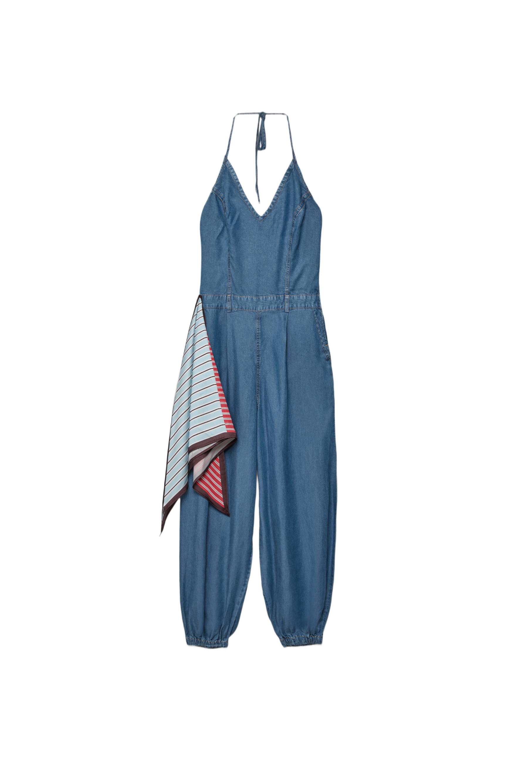Halter denim jumpsuit with scarf — MEDIUM LIGHT BLUE DENIM