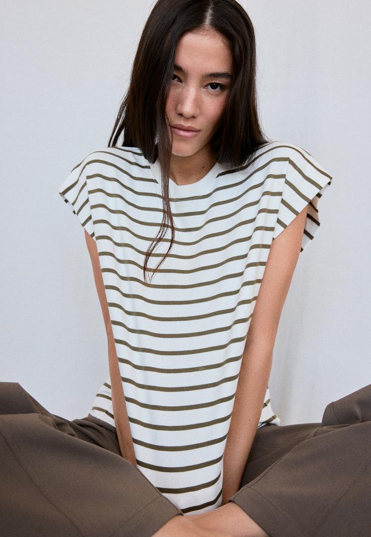 B06 Striped drop sleeve T-shirt — Khaki