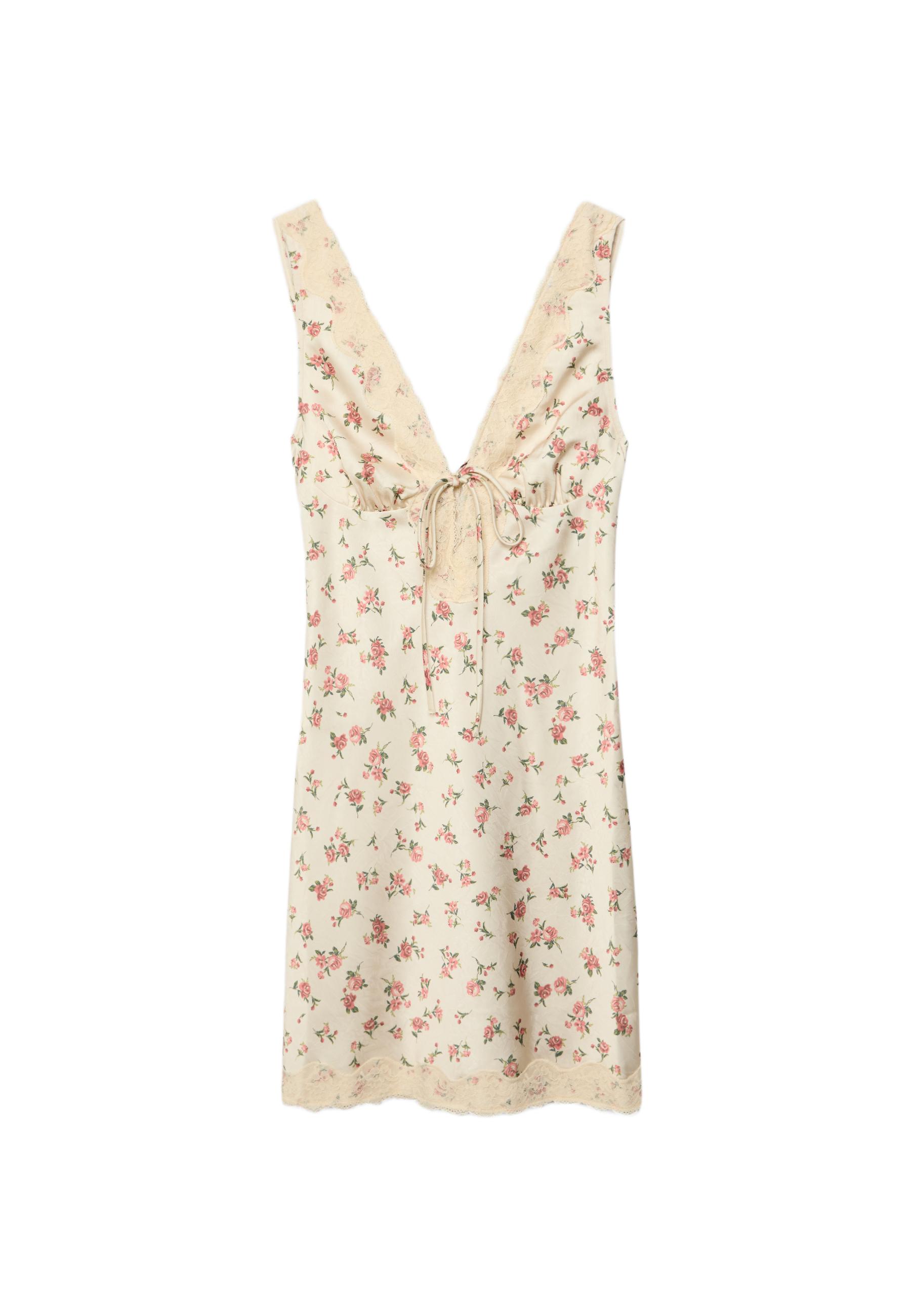 Short sateen lace dress — Ecru