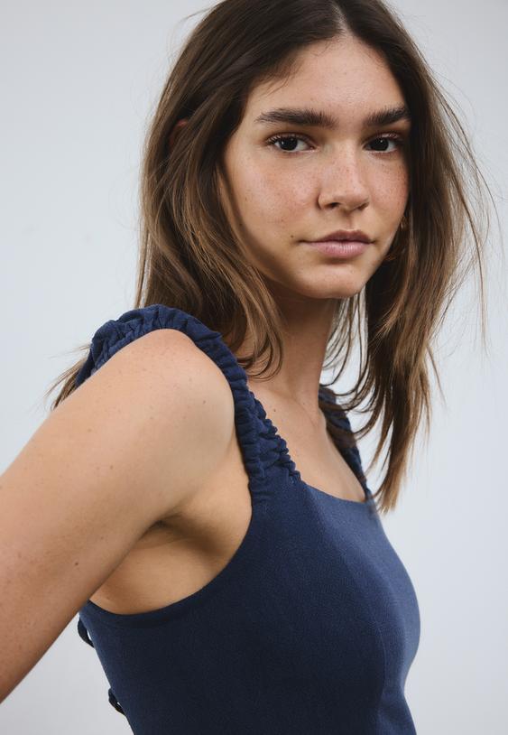 Stradivarius Linen-Look Cross-Back Midi Dress Navy Blue Xs