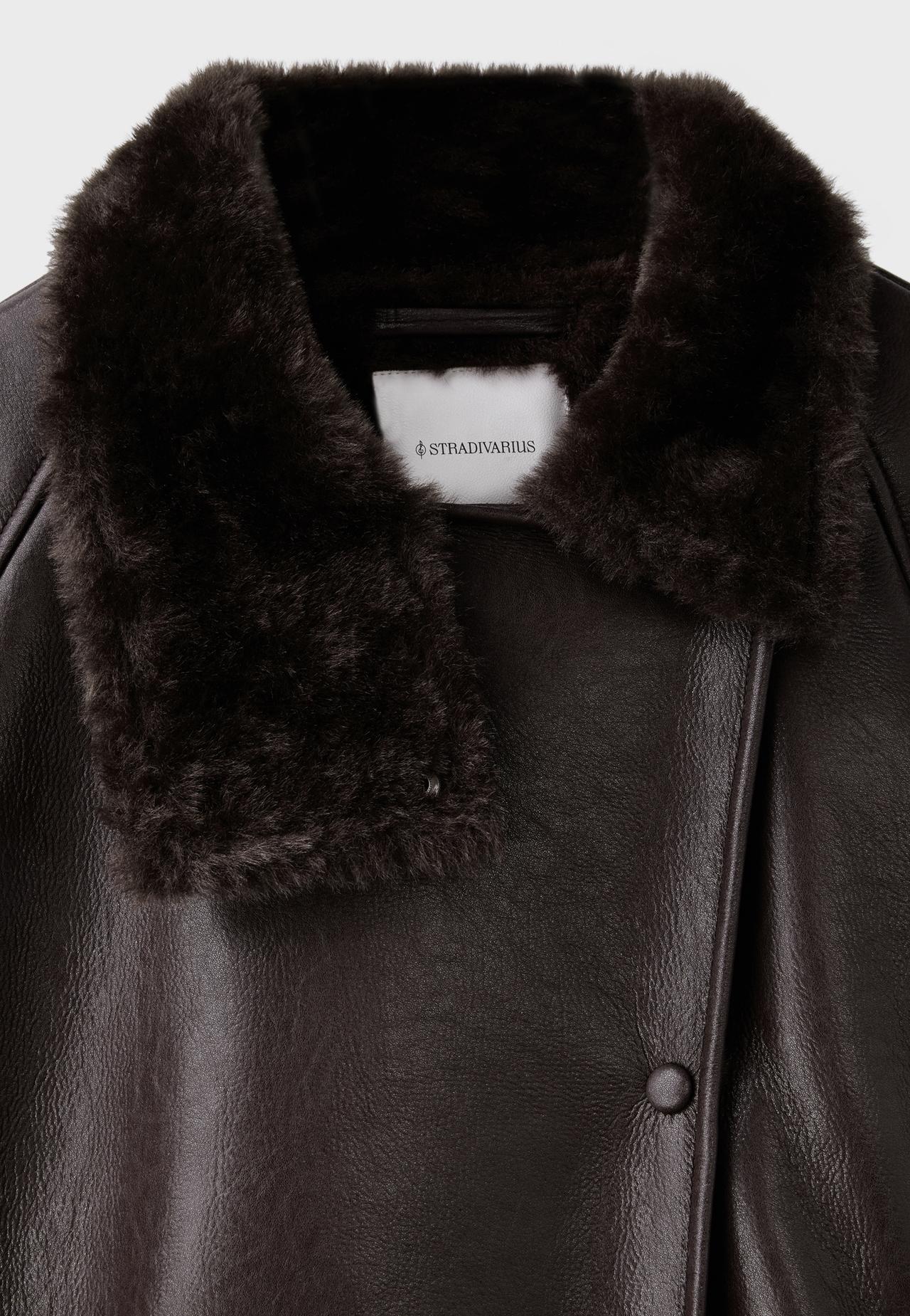 Leather effect double-faced high neck jacket — Brown
