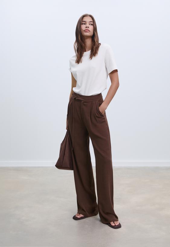 flowing linen effect trousers with bow