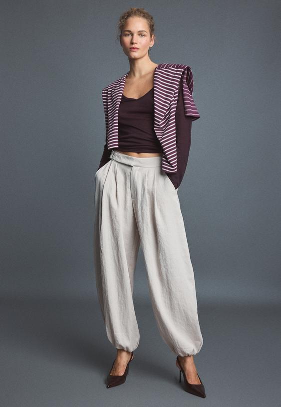 Stradivarius Sarouel Trousers With Buckle Ecru 10