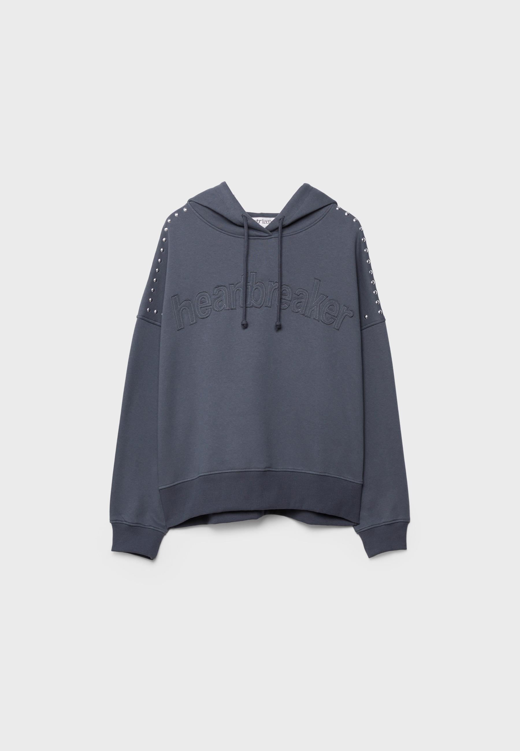 Studded Embroidered Hooded Sweatshirt — Dark grey