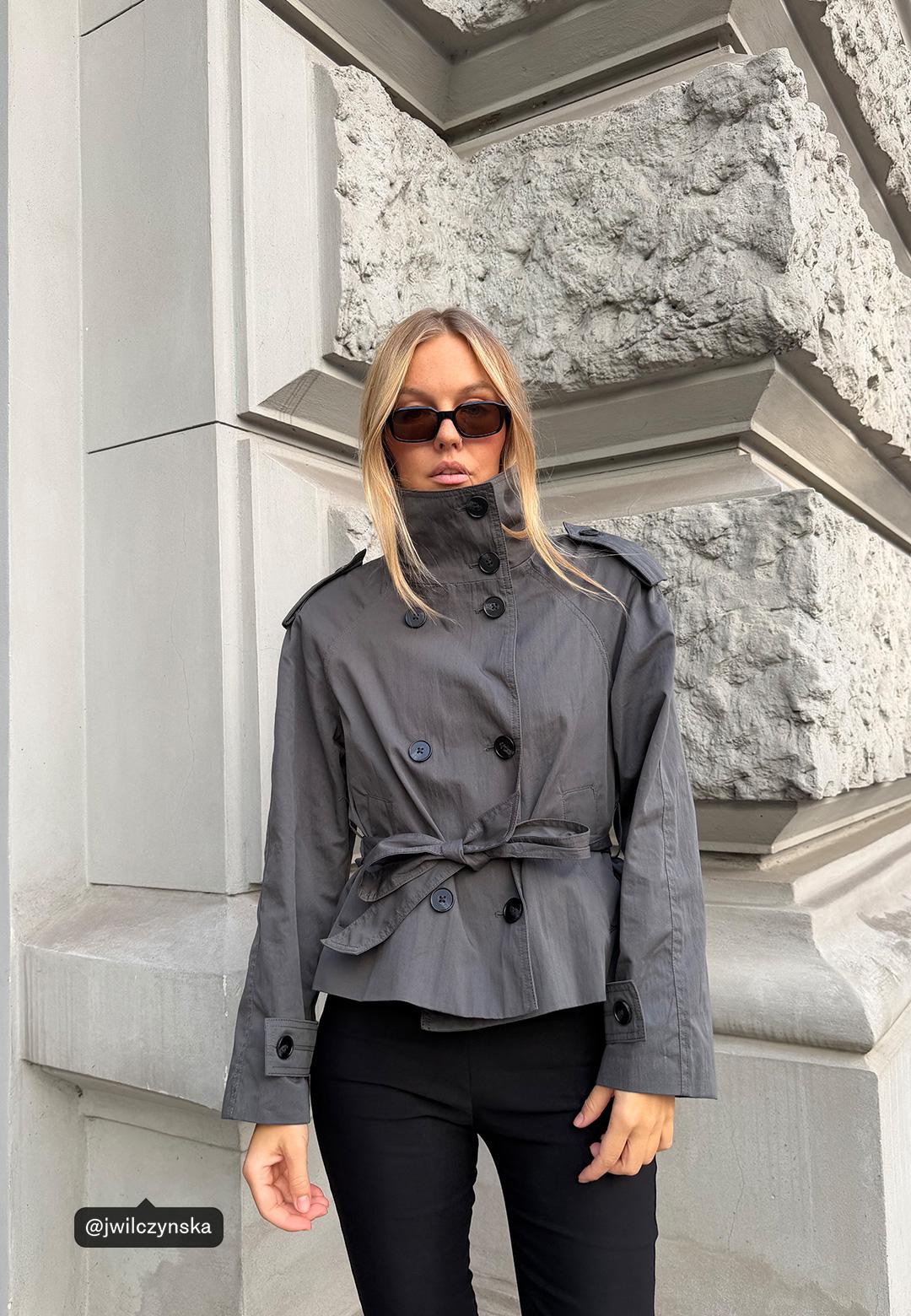 High-neck trench coat with belt — Dark grey