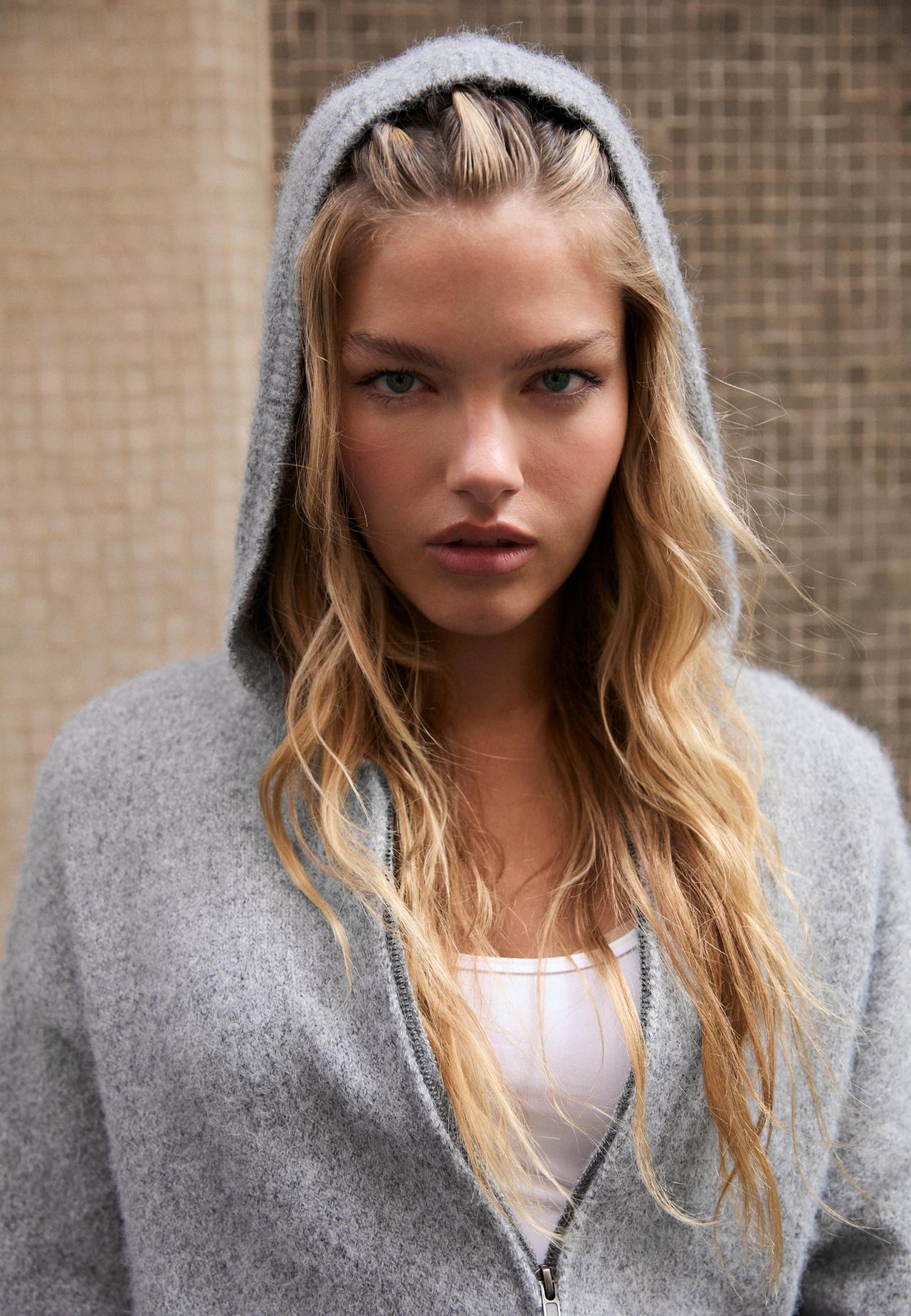 Hooded zip knit cardigan — Grey melange