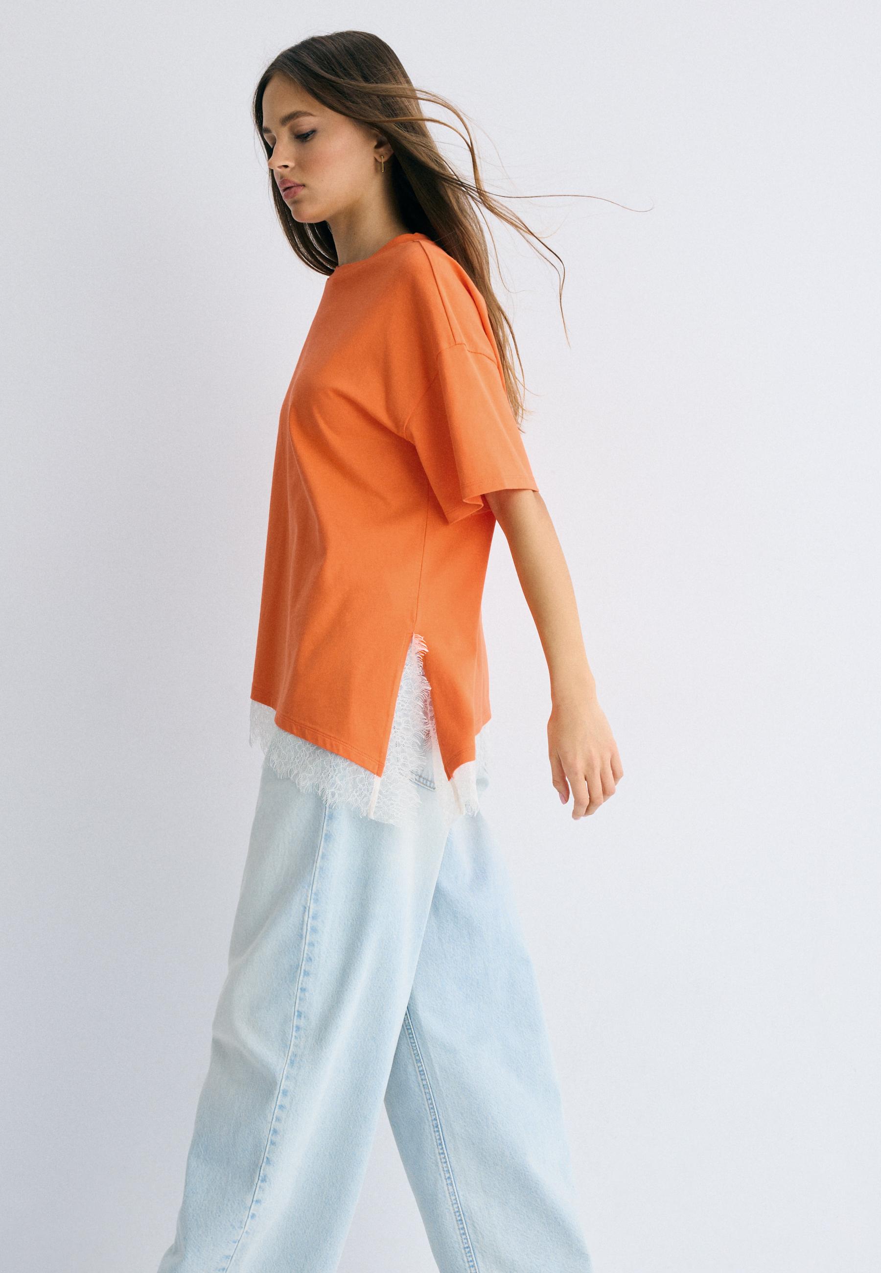 Lace hem short sleeve T-shirt — Orange
