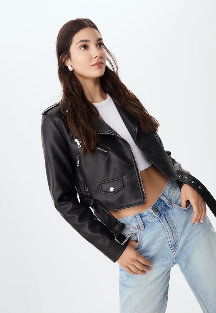 giubbotto biker con cintura in finta pelle