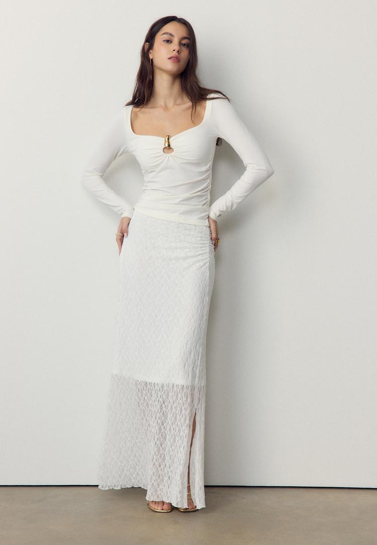 gonna midi in pizzo effetto arricciato