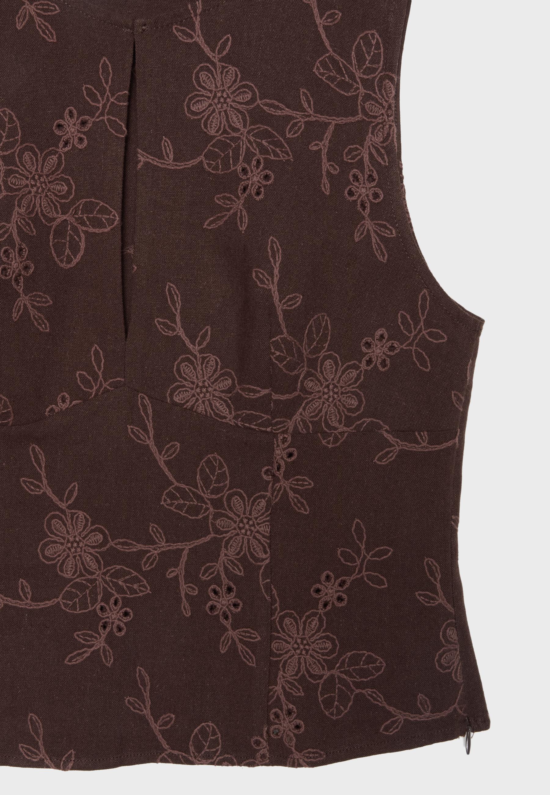 Embroidered fitted sleeveless top — Brown