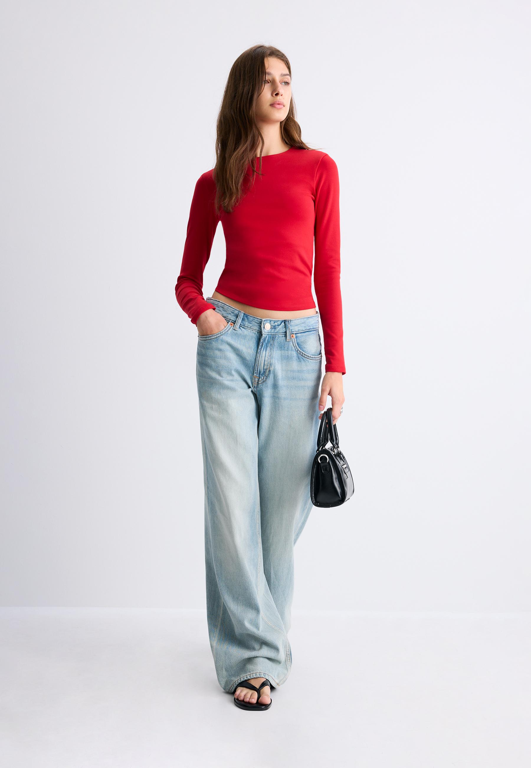 Stradivarius Μακρυμάνικη Μπλούζα Basic Κόκκινο S