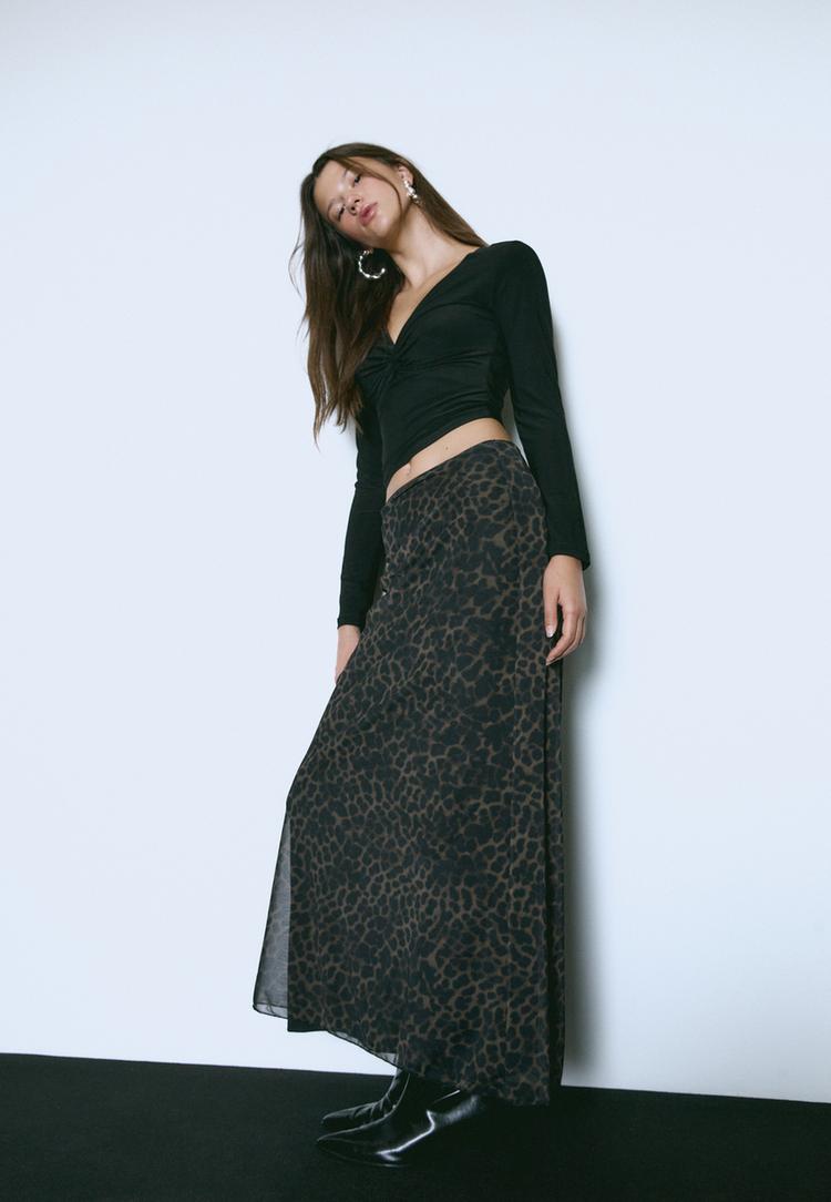 Stradivarius Tylová Midi Sukně S Leopardím Potiskem Brown S