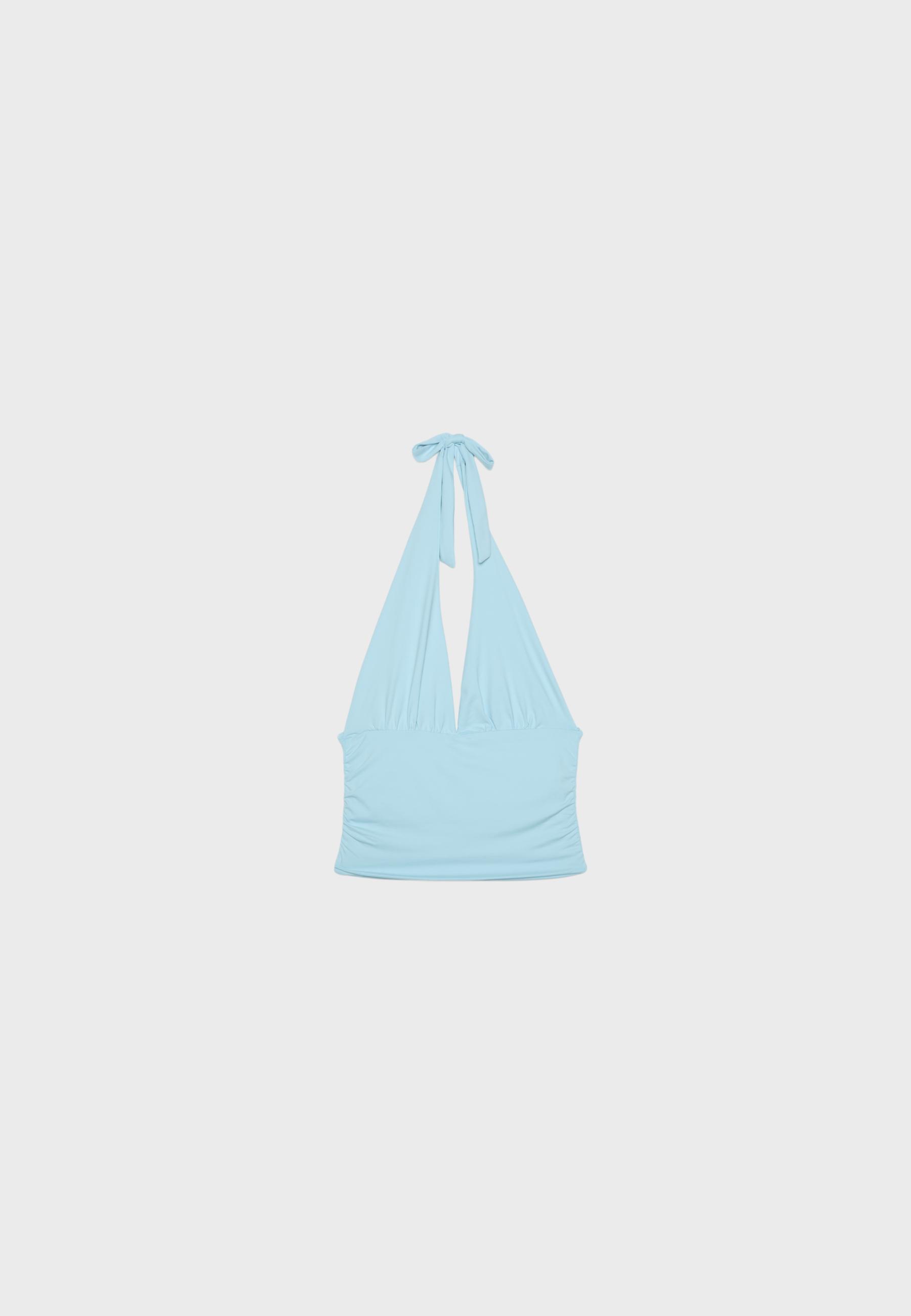 Ruched halter top with neck tie — Turquoise