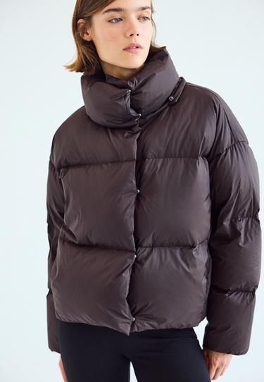 Quilted scarf puffer jacket — Brown 3