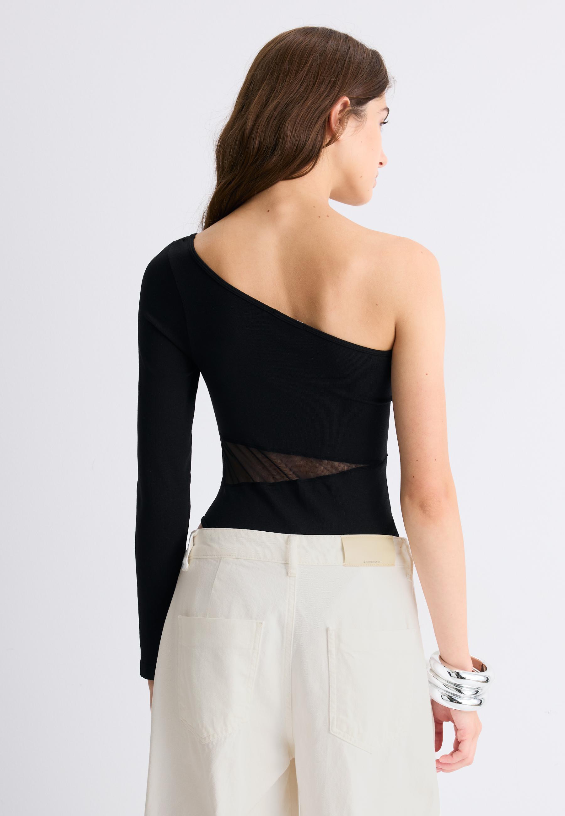 Asymmetric bodysuit with sheer details — Black