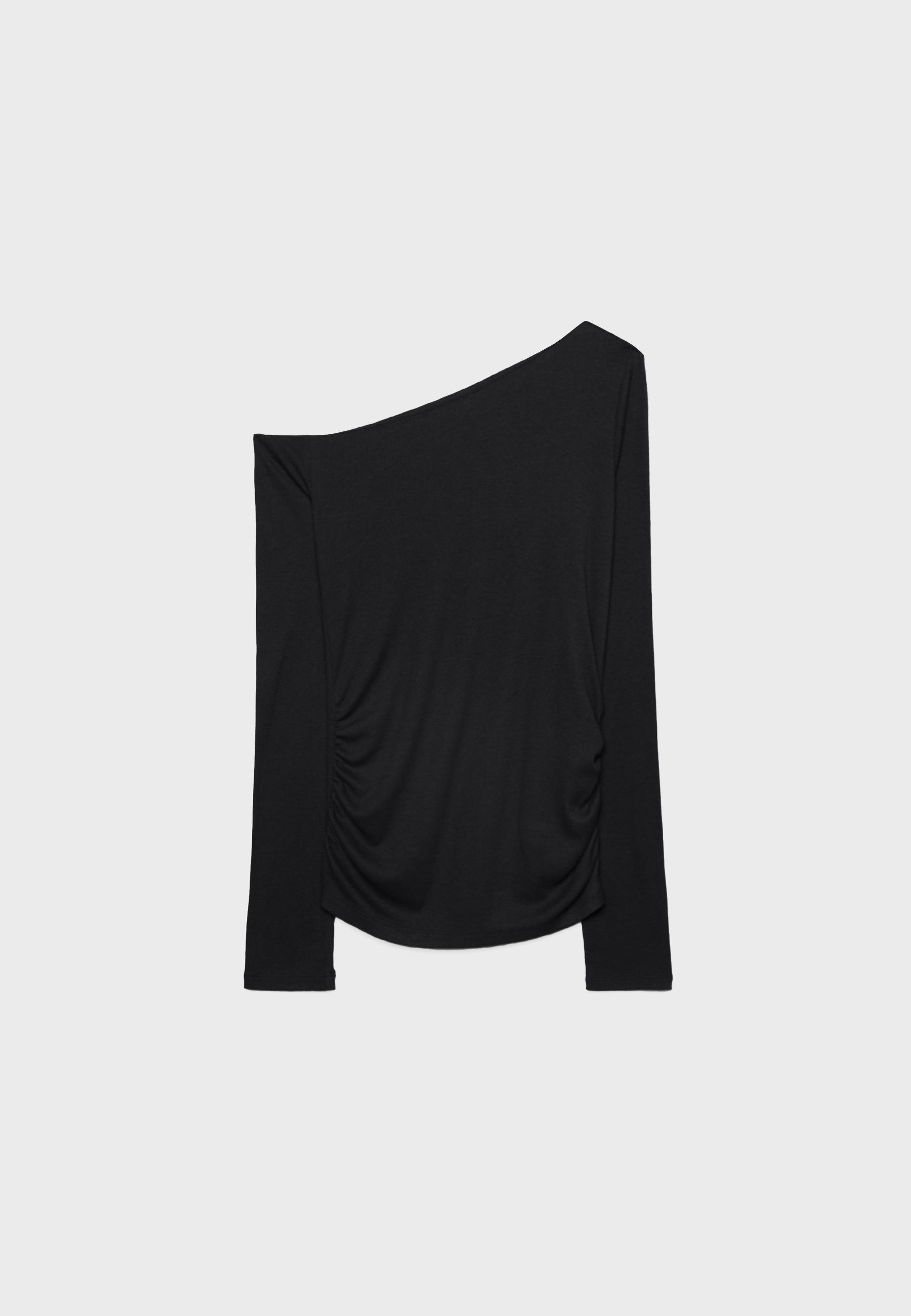 Asymmetric T-shirt with gathered detail — Black