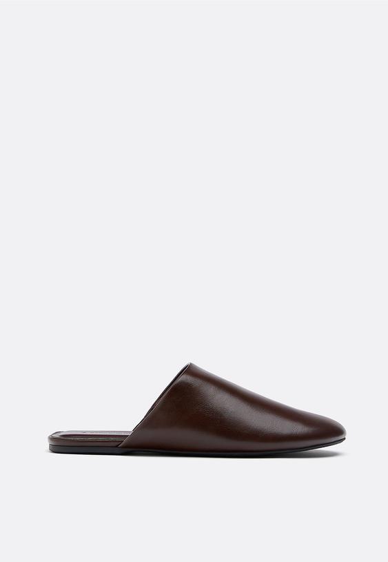 Stradivarius Leather Effect Slippers Brown 3