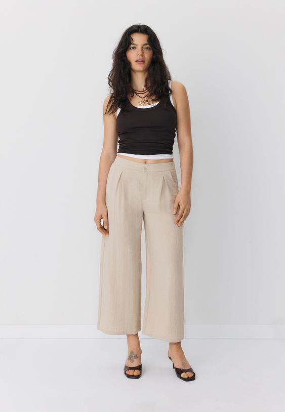 keten gorunumlu culotte pantolon