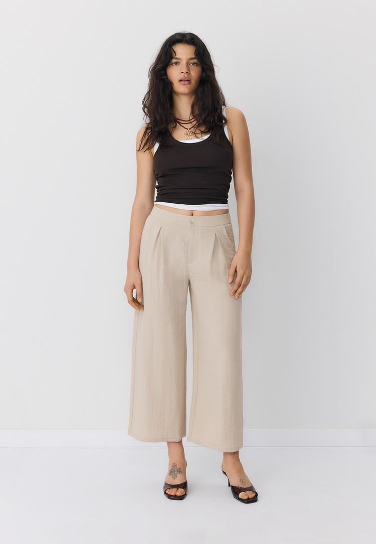 keten gorunumlu culotte pantolon