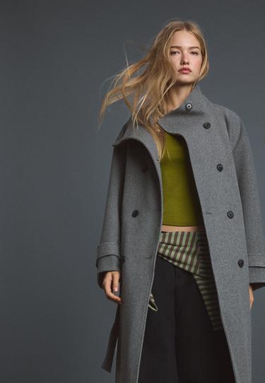 Soft-touch high neck long coat — Dark grey 1