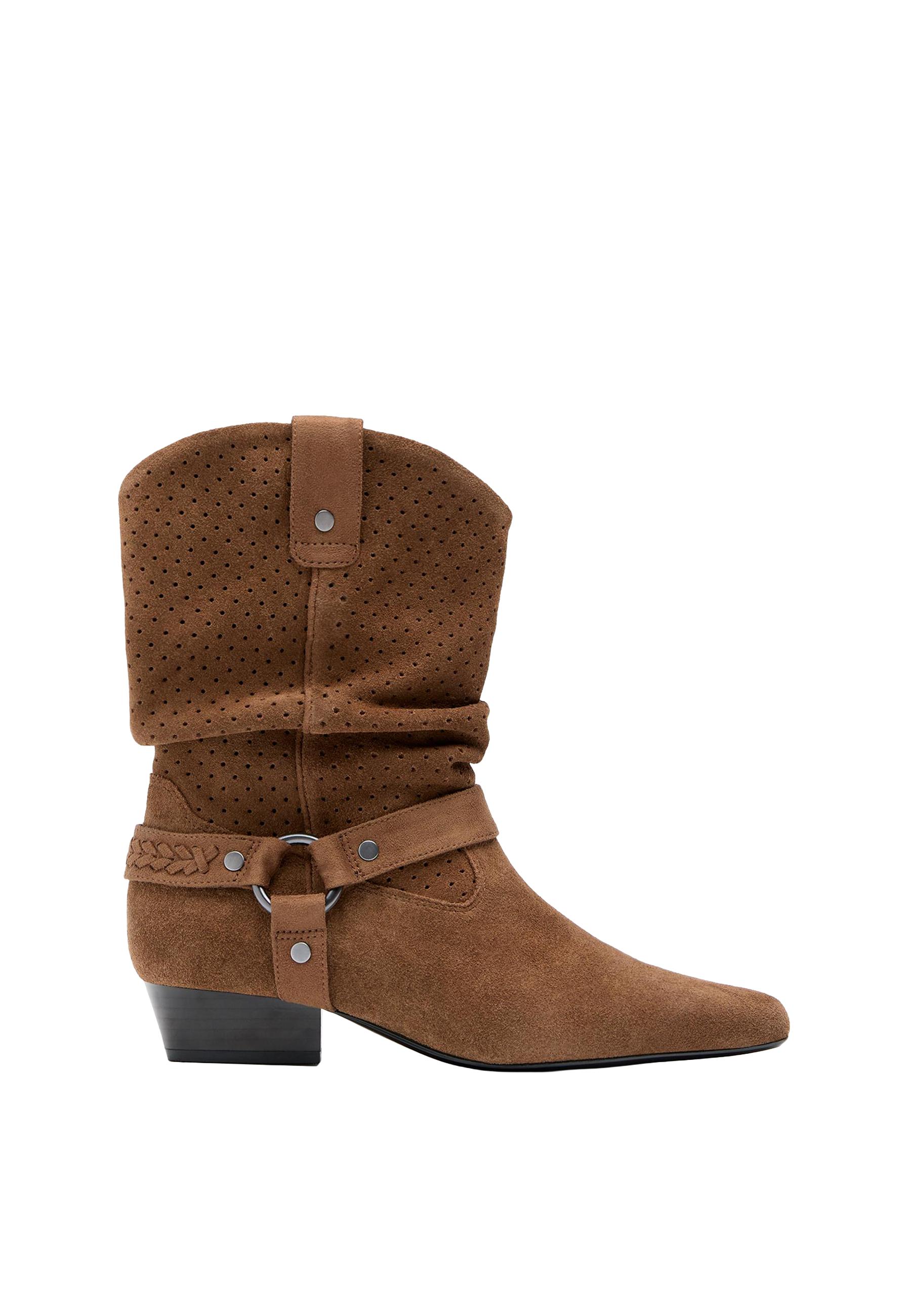 Slouchy openwork leather cowboy ankle boots — BROWN