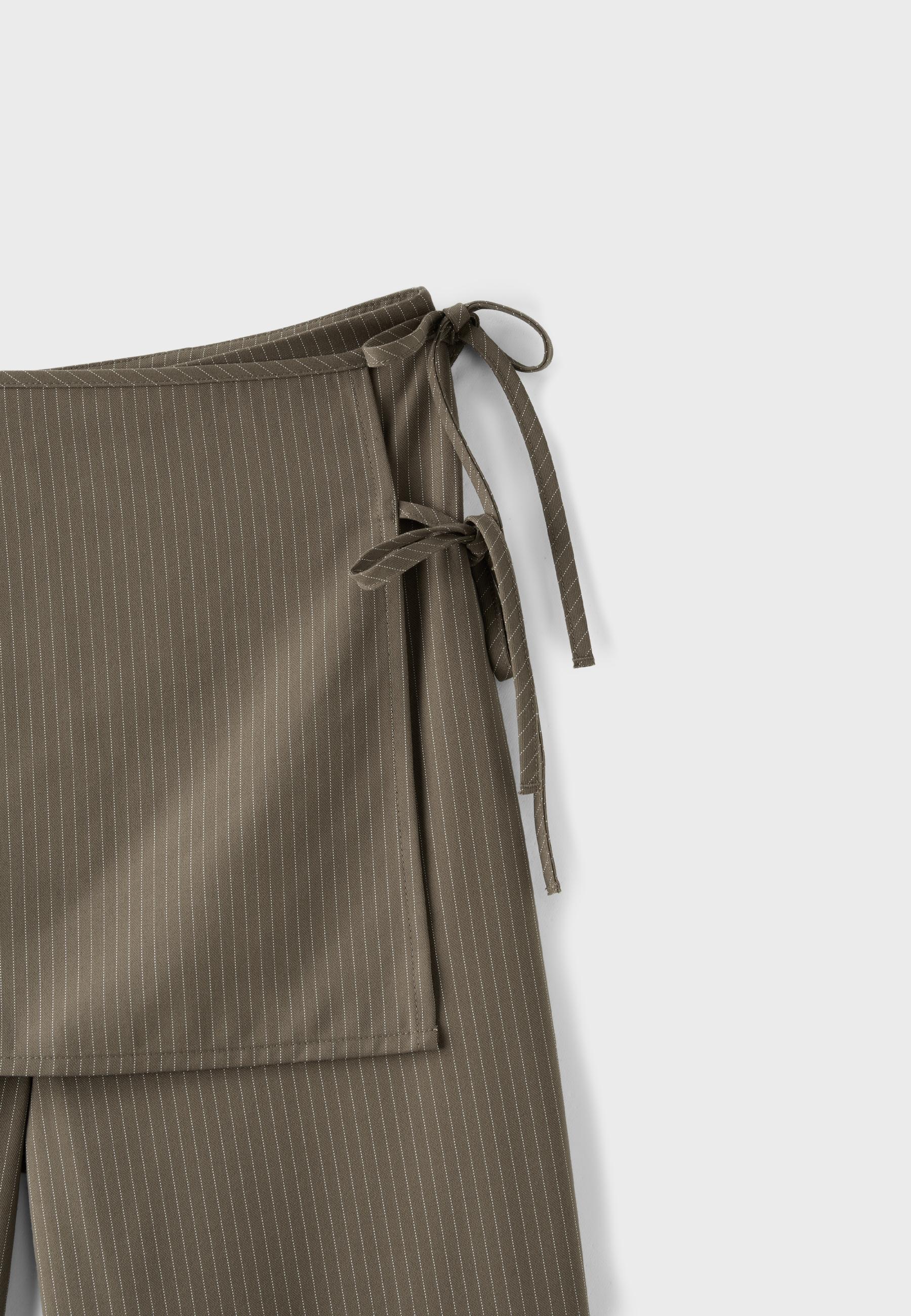 Striped straight-leg trousers with skirt overlay — Khaki