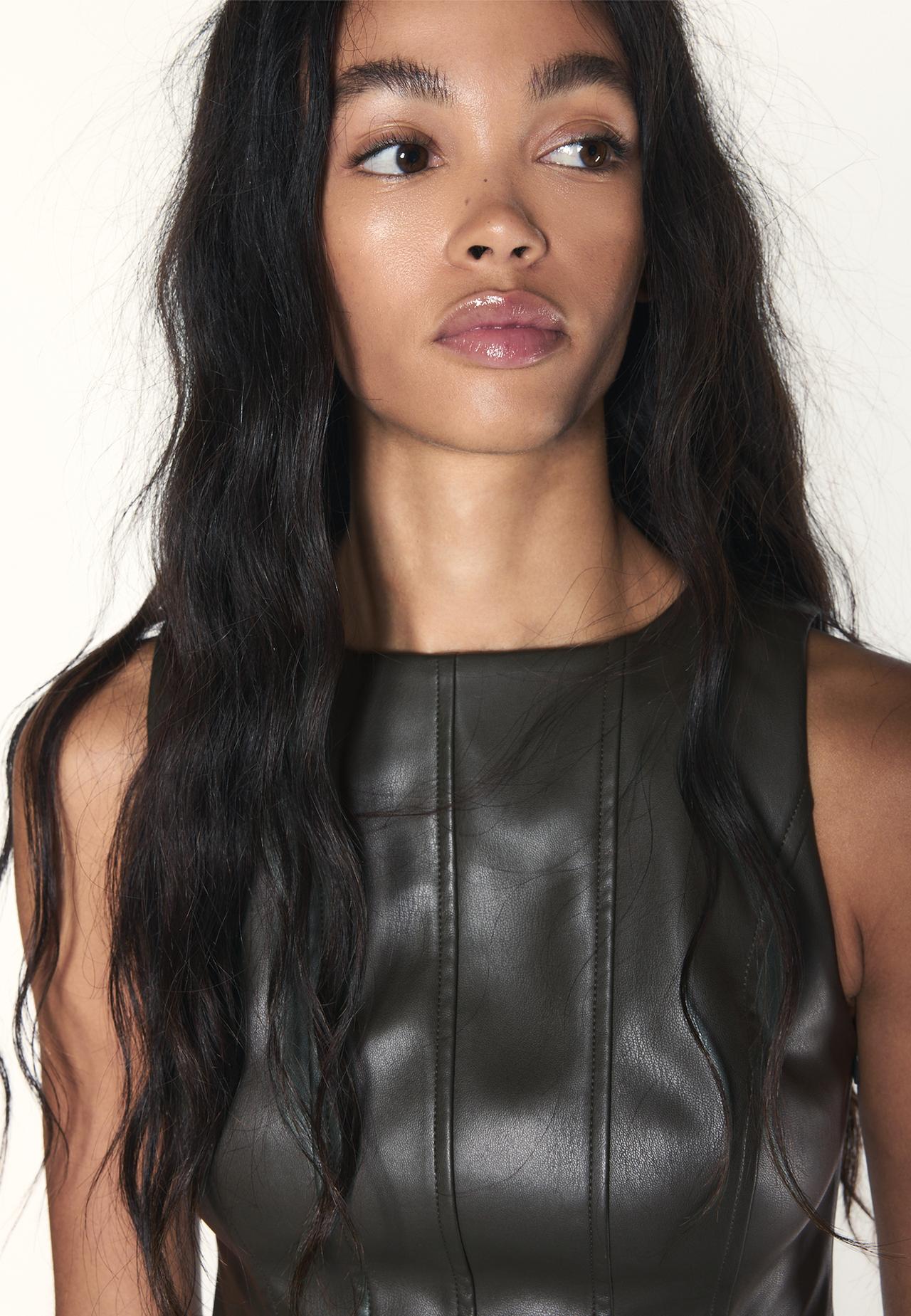 Leather effect peplum sleeveless top — Khaki