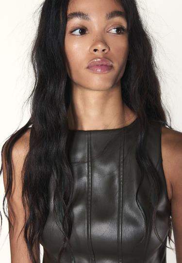 Leather effect peplum sleeveless top — Khaki 4