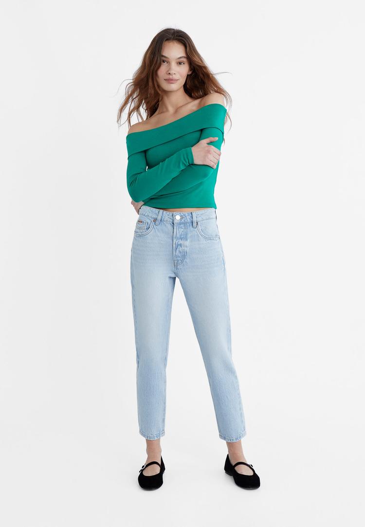 Stradivarius 1460 Blugi Mom Fit Efect Prespălat Denim Albastru Mediu 40