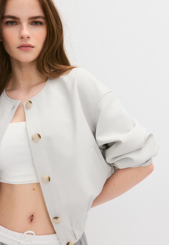 Stradivarius Puff Sleeve Round Neck Jacket Ecru S