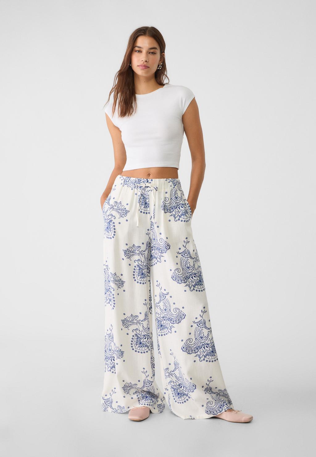 Wide-leg printed linen blend trousers with elasticated waistband