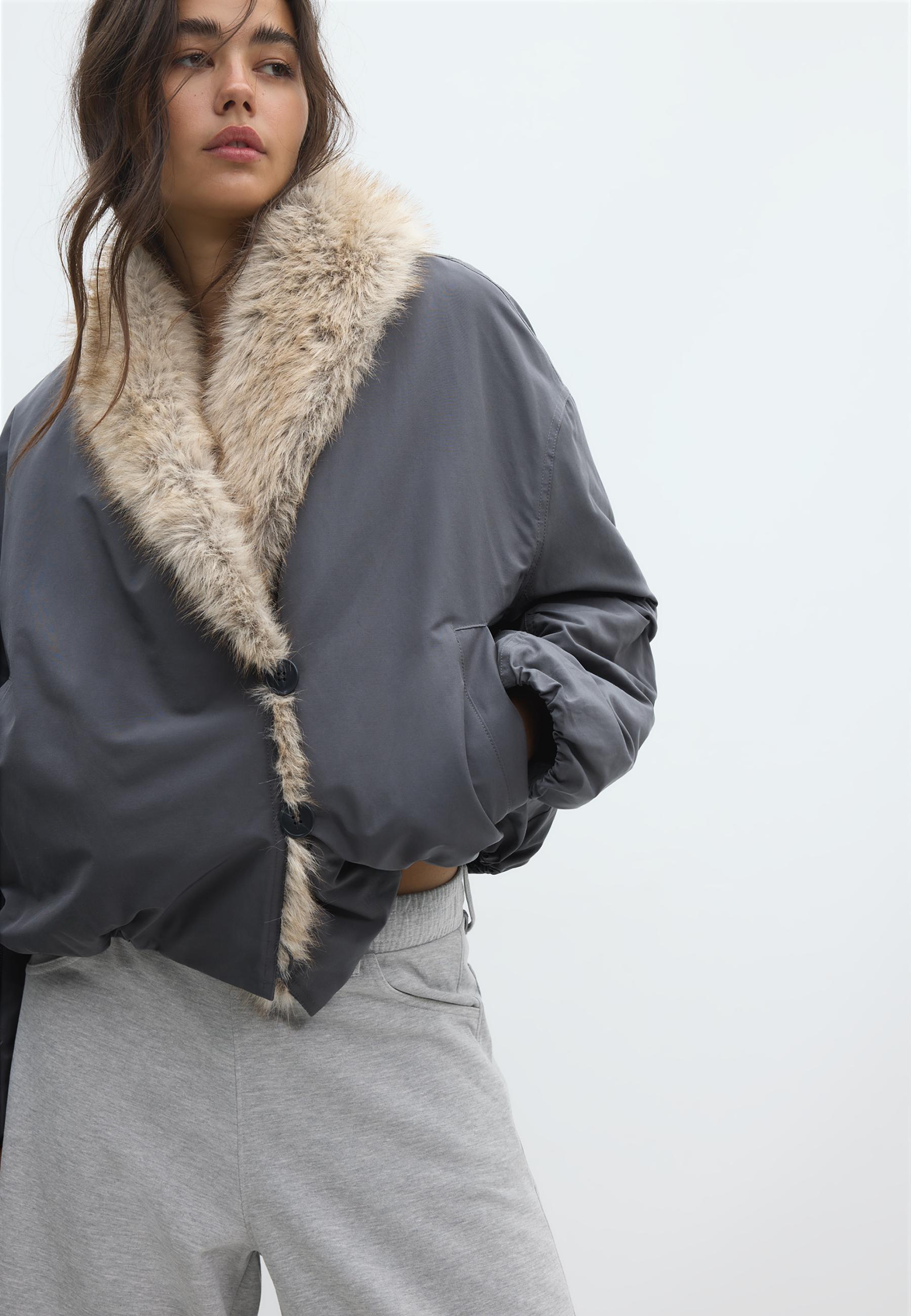 Puffer jacket with faux fur shawl collar — Dark grey