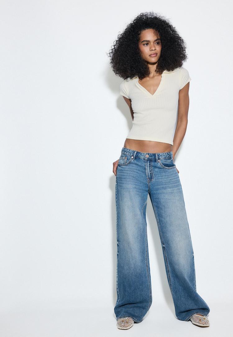 D91 Jeans mit tiefem, weitem Bein MITTELBLAUER DENIM-WASHED-LOOK 40