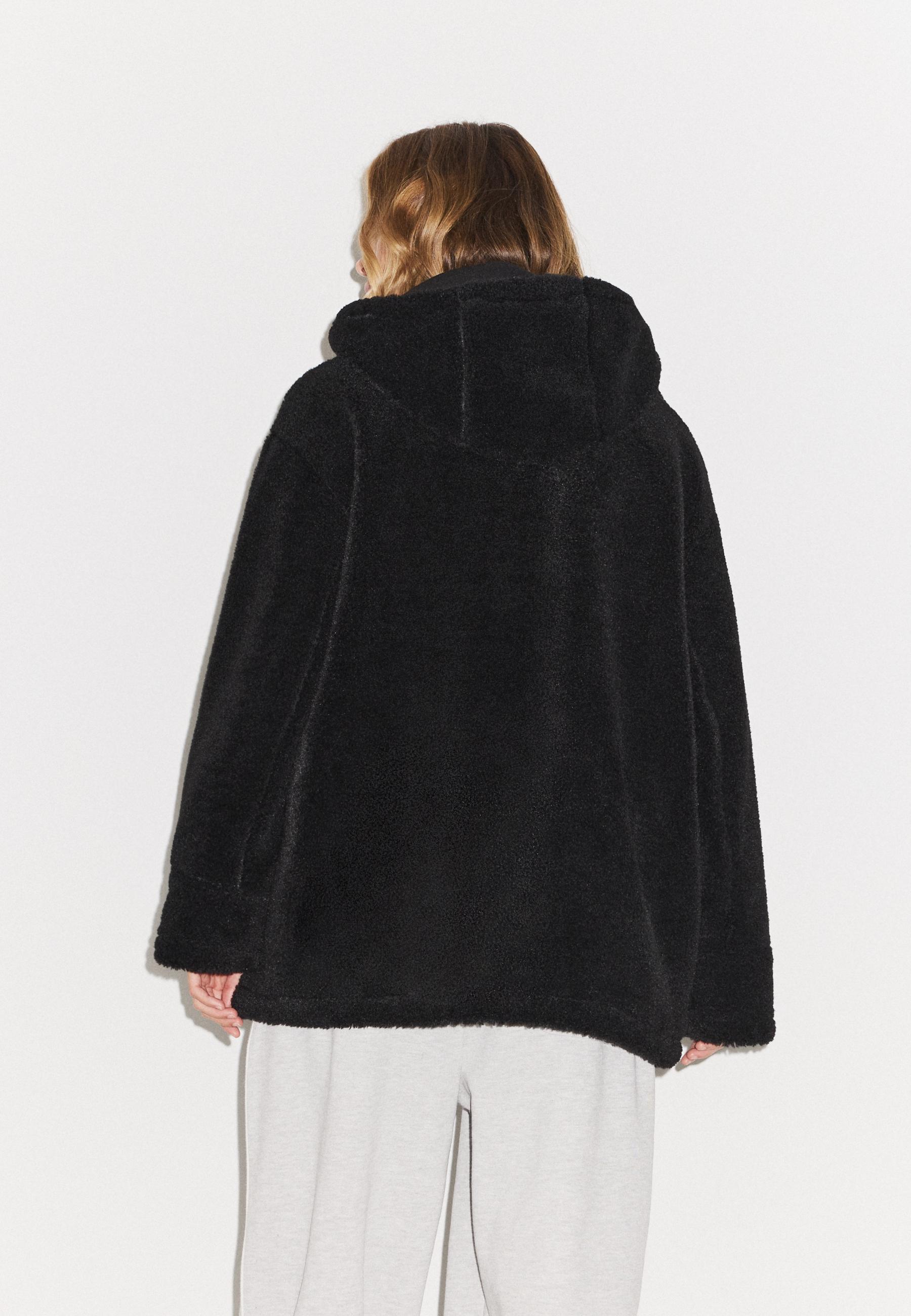 Faux sheepskin-effect hooded coat — Dark grey