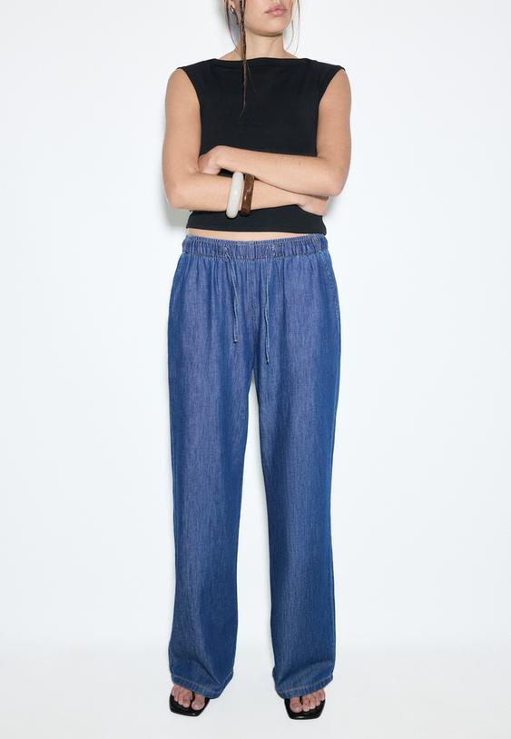 Stradivarius Pantaloni Fluizi Din Denim Cu Șnur Efect Prespălat Denim Descleiat L