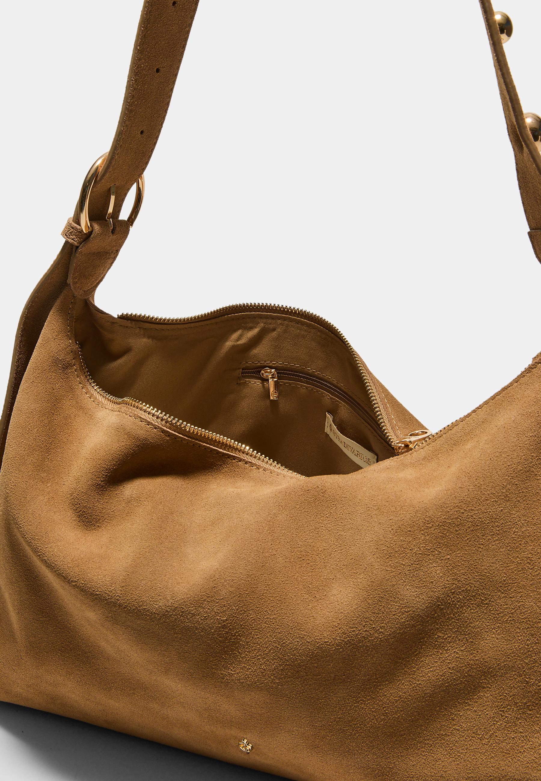 Studded flat shoulder bag, 100% leather — Beige