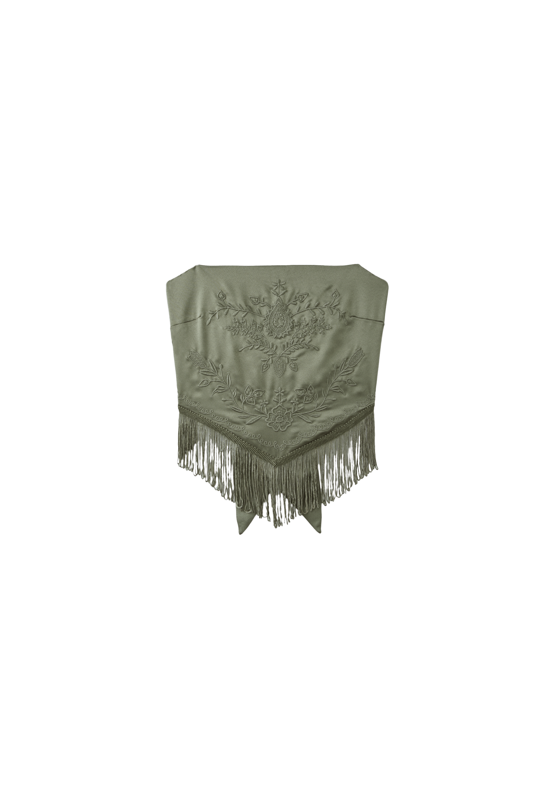 Embroidered fringe bustier top — Khaki