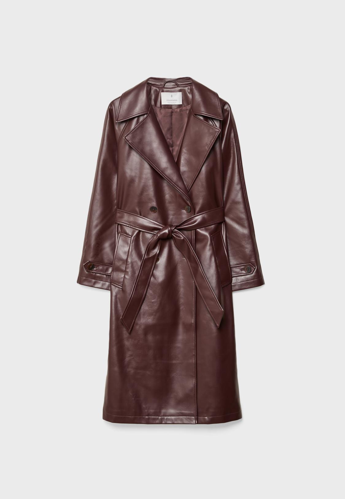 Long faux leather trench coat